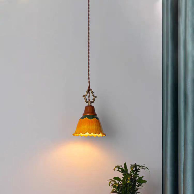 Traditional Japanese Ceramic Copper Wood Dome Floral 1-Light Pendant Light For Bedside