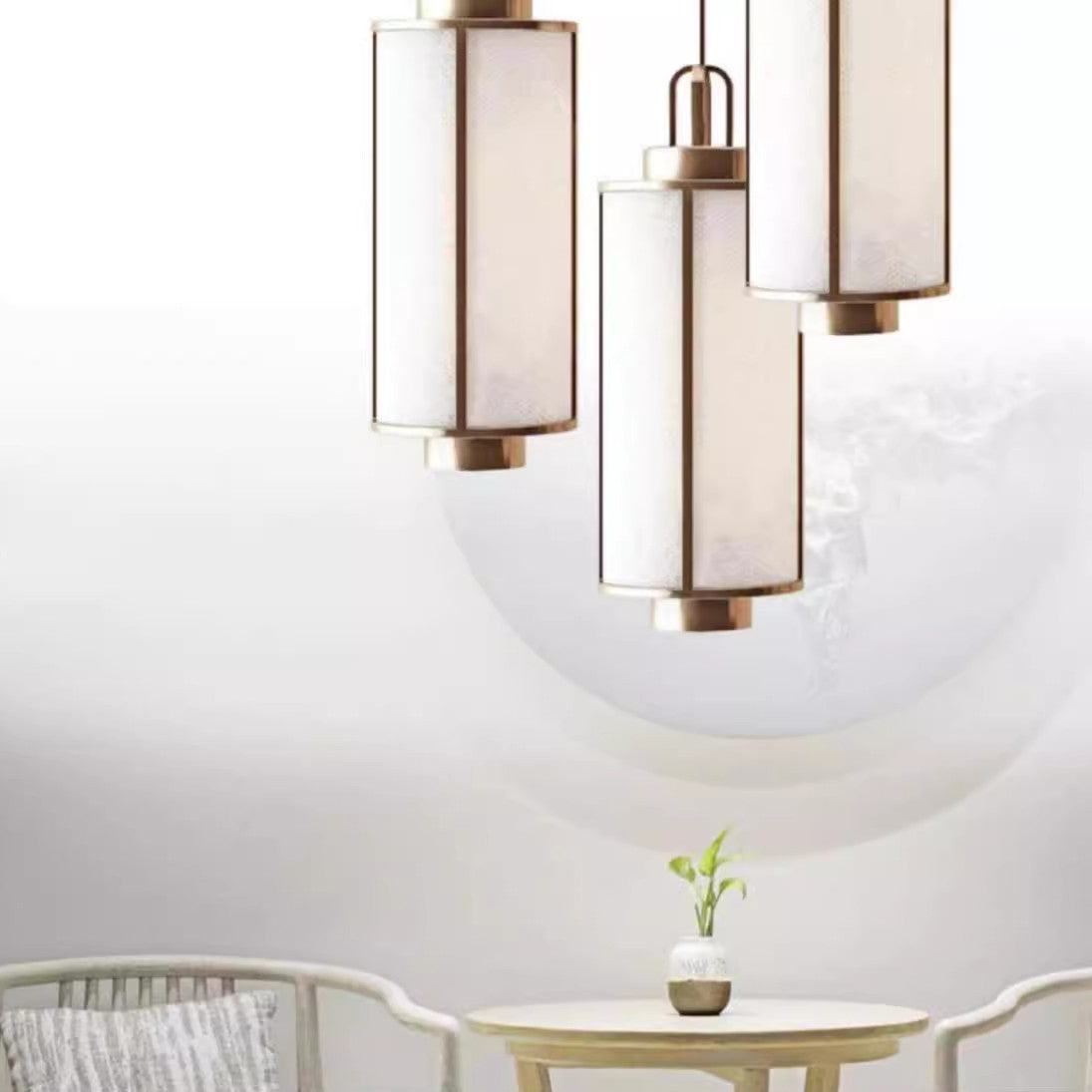 Traditional Chinese Iron Fabric Cylinder Lantern 1-Light Pendant Light For Dining Room
