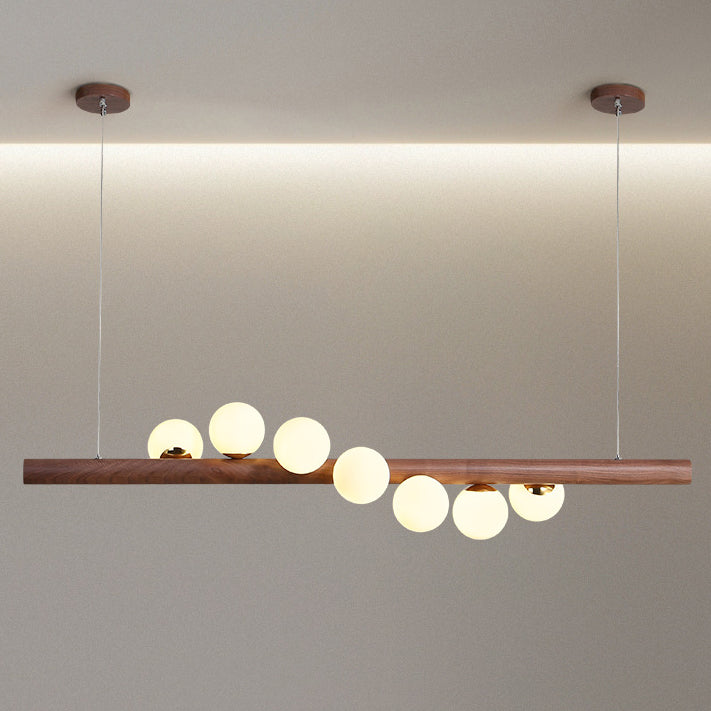 Contemporary Creative Rubber Wood Walnut Brass Glass Strip Ball 5/7 Light Chandeliers Island Light For Dining Room