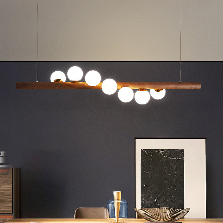 Contemporary Creative Rubber Wood Walnut Brass Glass Strip Ball 5/7 Light Chandeliers Island Light For Dining Room
