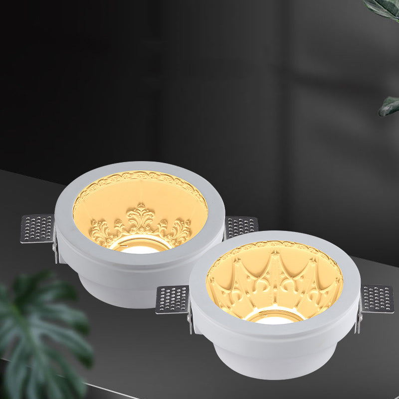 Traditional French Plaster Aluminum Round Carved Recessed 1-Light Flush Mount Ceiling Light Spotlight For Hallway