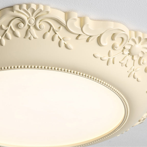 Traditional French Resin PE Round Relief Sculpture LED Flush Mount Ceiling Light For Bedroom