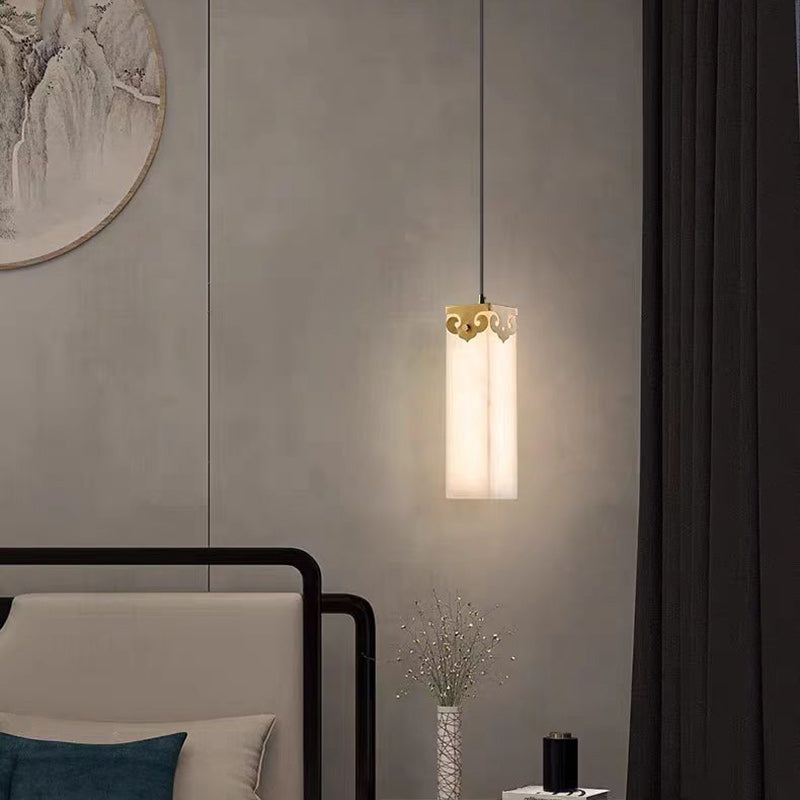 Traditional Chinese Copper Marble Cylinder Propitious Cloud LED Pendant Light For Bedside