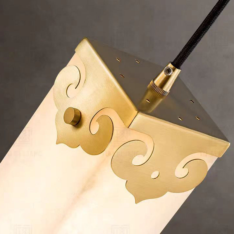 Traditional Chinese Copper Marble Cylinder Propitious Cloud LED Pendant Light For Bedside