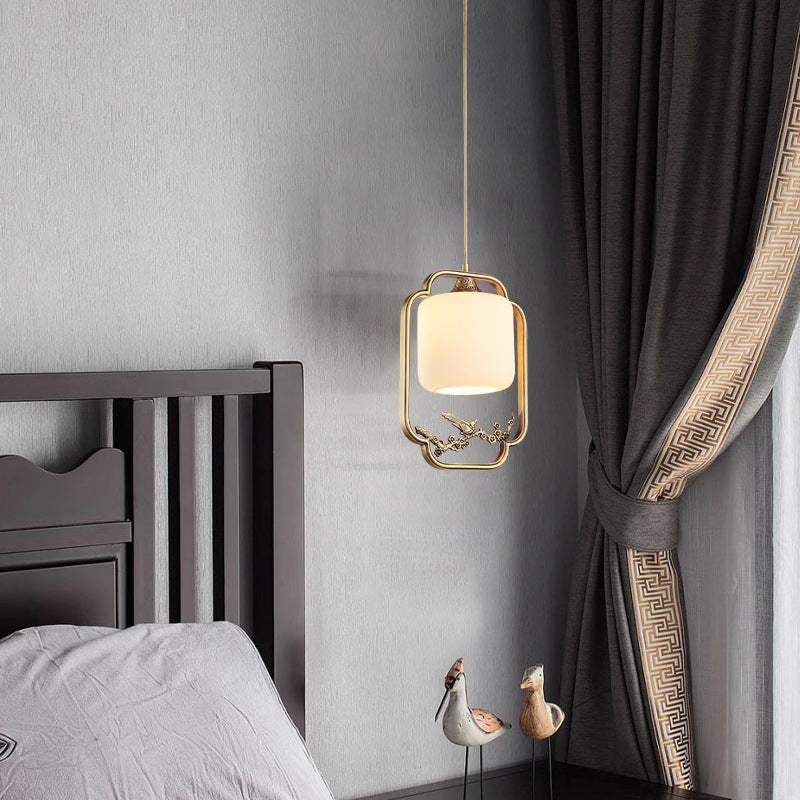Traditional Chinese Brass Jade Marble Round Cylinder Carved Bird Flower 1-Light Pendant Light For Bedside