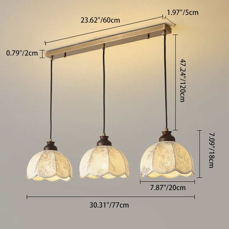 Traditional French Wood Iron Fabric Dome Flower Pattern 1/3 Light Pendant Light For Dining Room