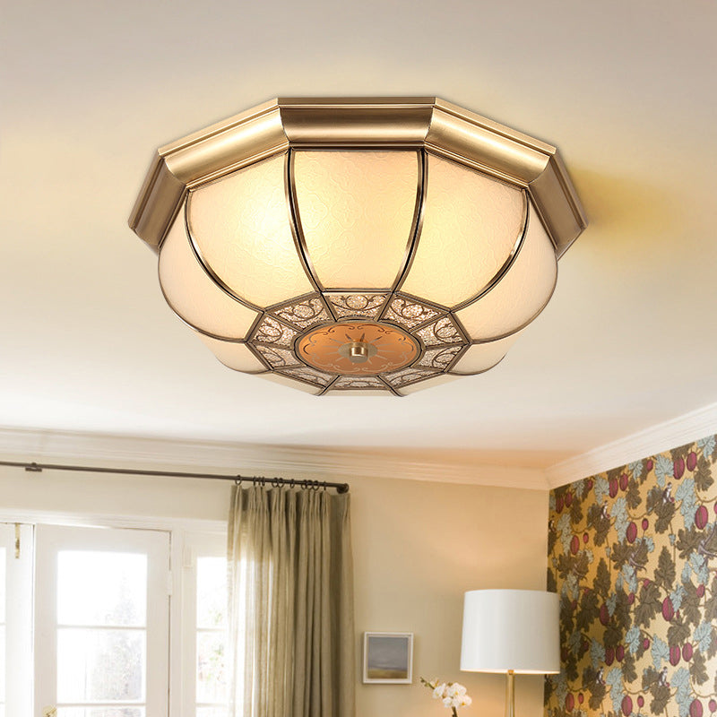 Traditional European Copper Printed Glass Round Petal 3/4/6 Light Flush Mount Ceiling Light For Bedroom