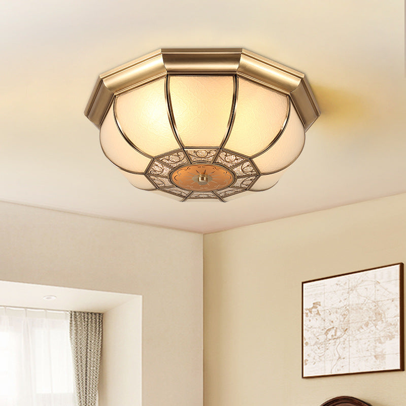 Traditional European Copper Printed Glass Round Petal 3/4/6 Light Flush Mount Ceiling Light For Bedroom