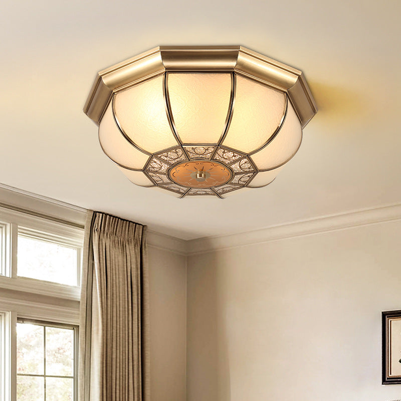 Traditional European Copper Printed Glass Round Petal 3/4/6 Light Flush Mount Ceiling Light For Bedroom