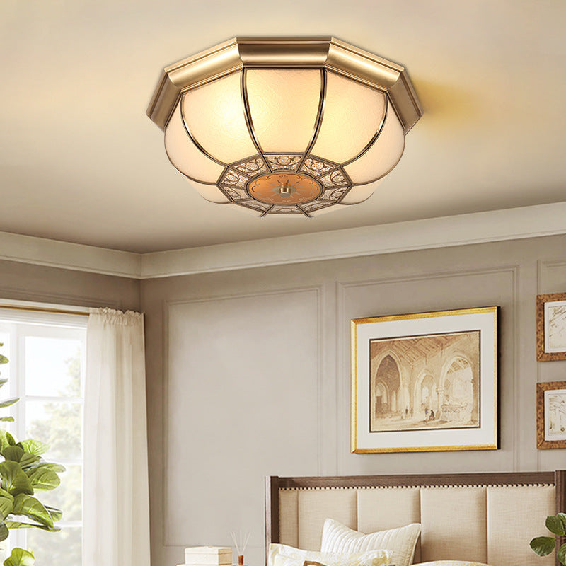 Traditional European Copper Printed Glass Round Petal 3/4/6 Light Flush Mount Ceiling Light For Bedroom