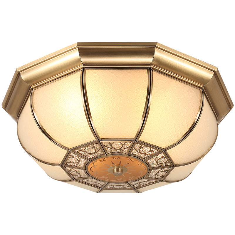 Traditional European Copper Printed Glass Round Petal 3/4/6 Light Flush Mount Ceiling Light For Bedroom
