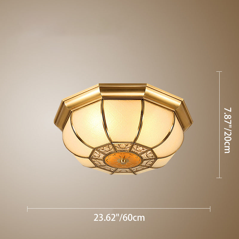 Traditional European Copper Printed Glass Round Petal 3/4/6 Light Flush Mount Ceiling Light For Bedroom