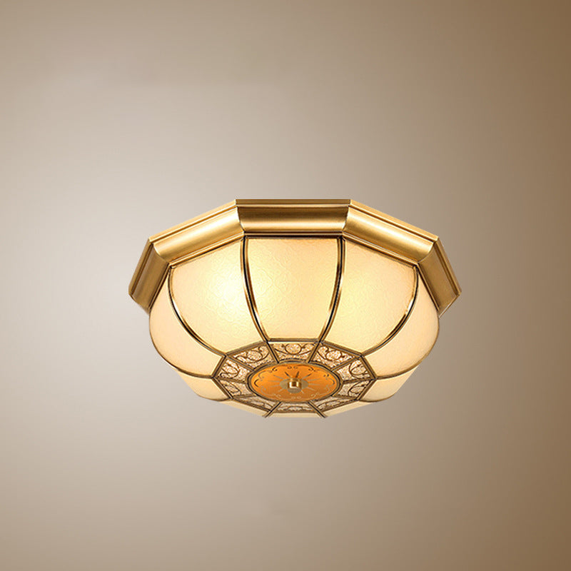 Traditional European Copper Printed Glass Round Petal 3/4/6 Light Flush Mount Ceiling Light For Bedroom