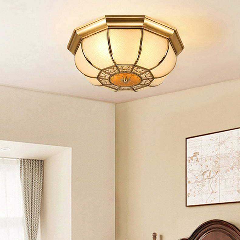 Traditional European Copper Printed Glass Round Petal 3/4/6 Light Flush Mount Ceiling Light For Bedroom