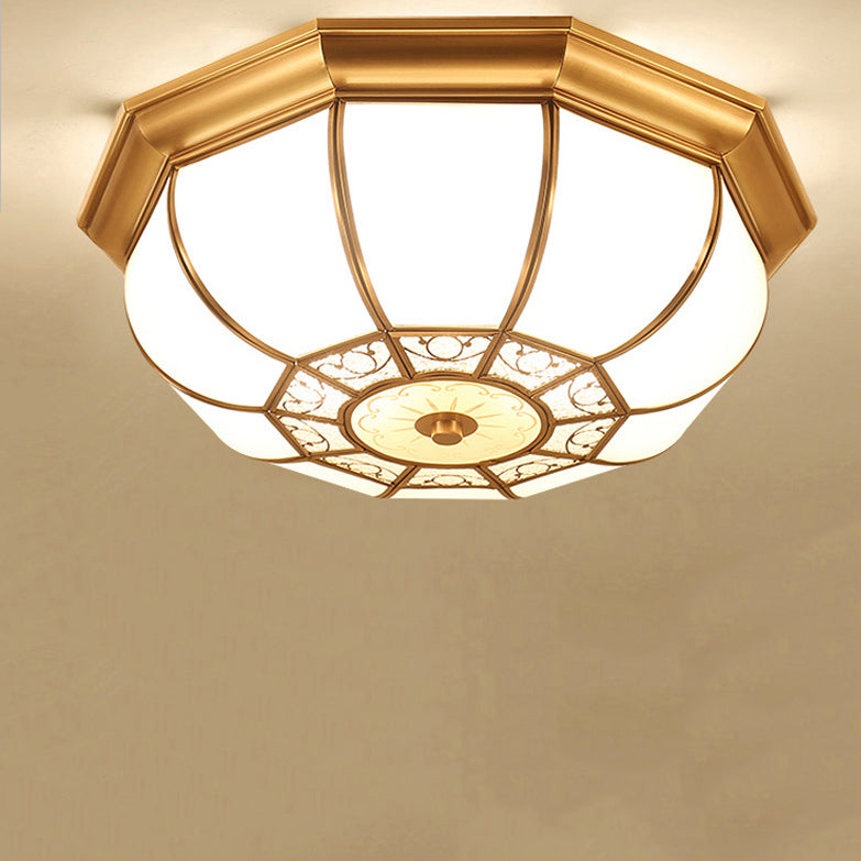 Traditional European Copper Printed Glass Round Petal 3/4/6 Light Flush Mount Ceiling Light For Bedroom