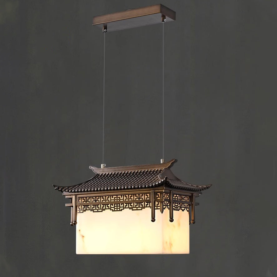 Traditional Chinese Metal Resin Imitation Marble Antique Attic Pavilion Spotlight 2-Light Chandeliers For Dining Room