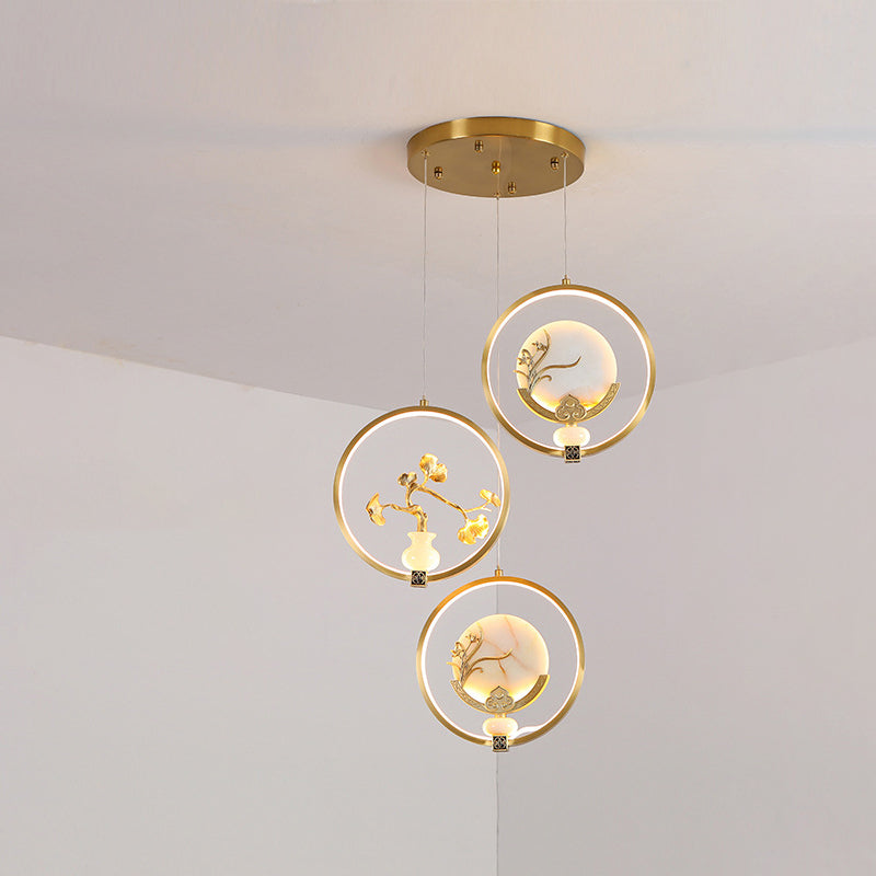 الثريات LED الصينية التقليدية المصنوعة من النحاس والرخام والأكريليك على شكل دائرة على شكل زهرة القرع وأوراق الحيوانات للممر