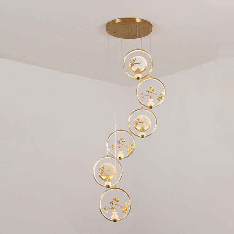 الثريات LED الصينية التقليدية المصنوعة من النحاس والرخام والأكريليك على شكل دائرة على شكل زهرة القرع وأوراق الحيوانات للممر