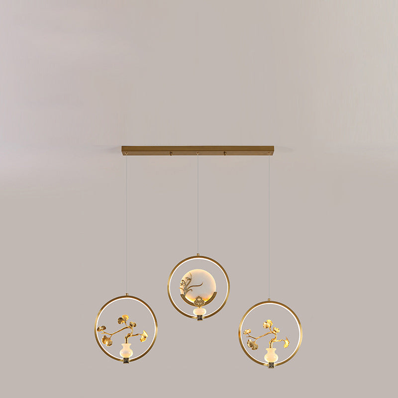 الثريات LED الصينية التقليدية المصنوعة من النحاس والرخام والأكريليك على شكل دائرة على شكل زهرة القرع وأوراق الحيوانات للممر
