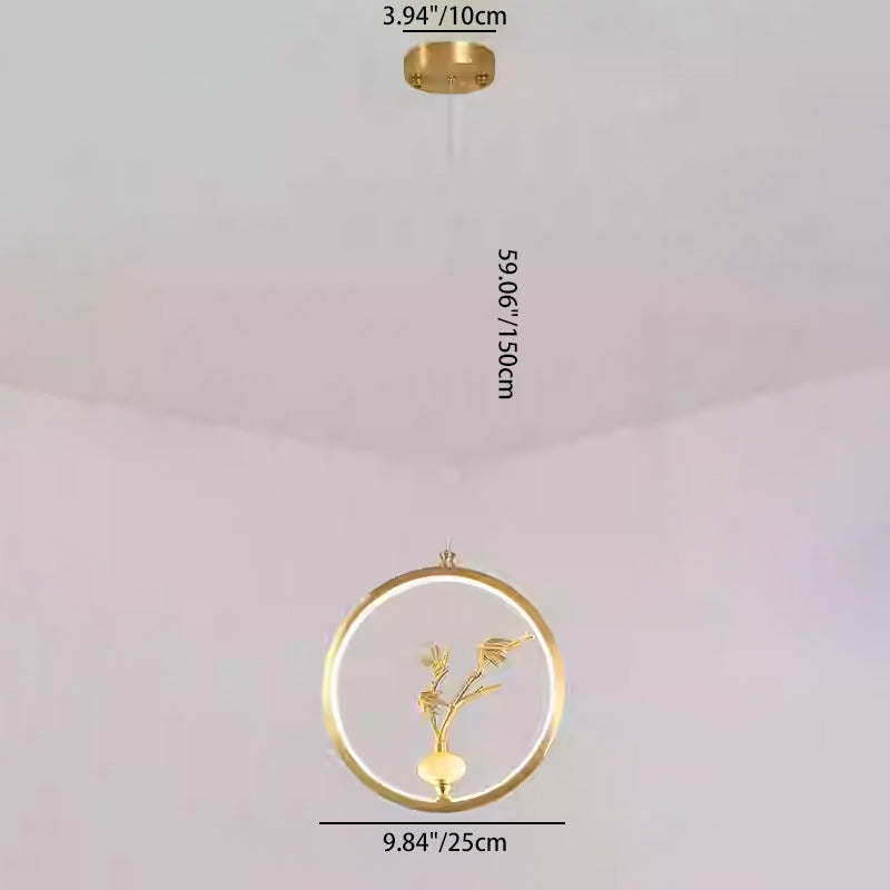 الثريات LED الصينية التقليدية المصنوعة من النحاس والرخام والأكريليك على شكل دائرة على شكل زهرة القرع وأوراق الحيوانات للممر
