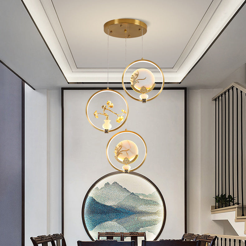 الثريات LED الصينية التقليدية المصنوعة من النحاس والرخام والأكريليك على شكل دائرة على شكل زهرة القرع وأوراق الحيوانات للممر