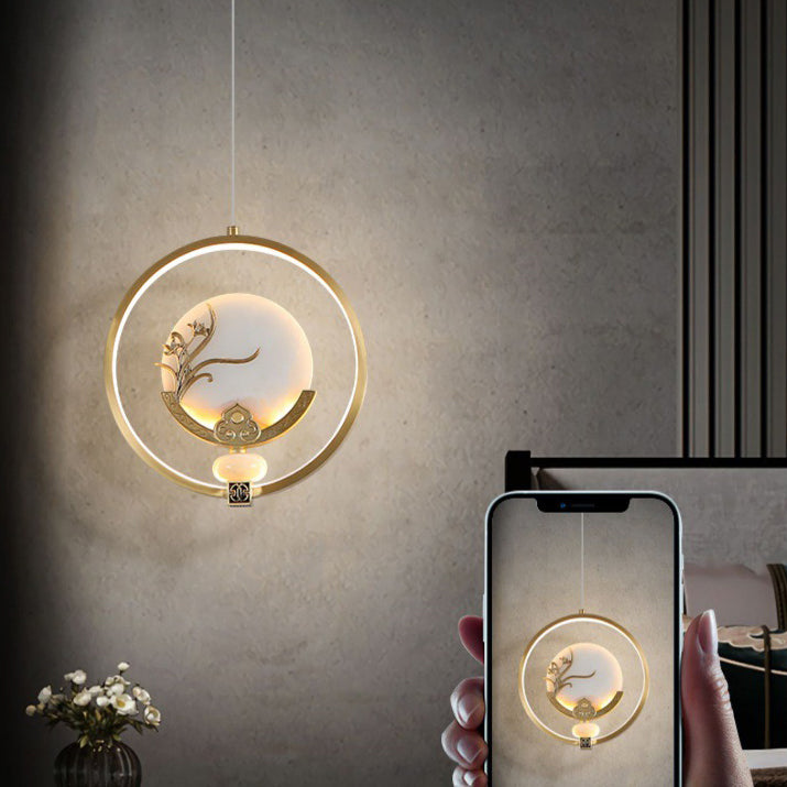 الثريات LED الصينية التقليدية المصنوعة من النحاس والرخام والأكريليك على شكل دائرة على شكل زهرة القرع وأوراق الحيوانات للممر