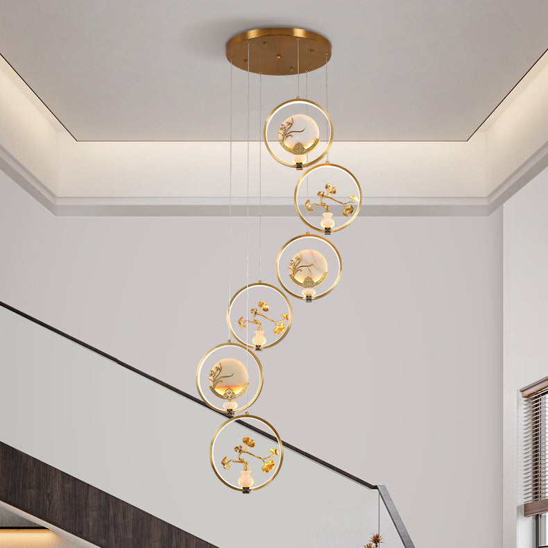 الثريات LED الصينية التقليدية المصنوعة من النحاس والرخام والأكريليك على شكل دائرة على شكل زهرة القرع وأوراق الحيوانات للممر