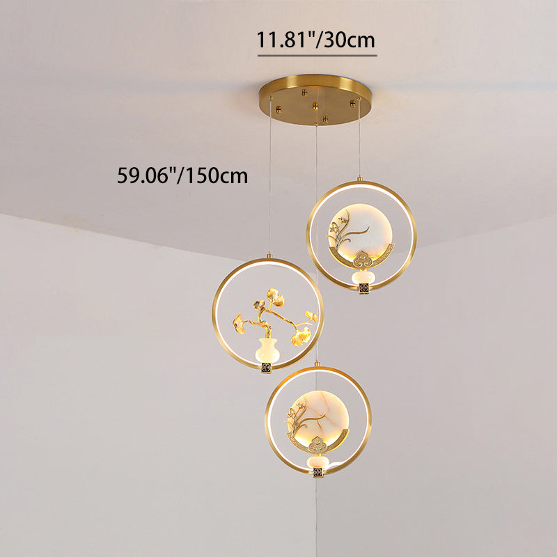 الثريات LED الصينية التقليدية المصنوعة من النحاس والرخام والأكريليك على شكل دائرة على شكل زهرة القرع وأوراق الحيوانات للممر