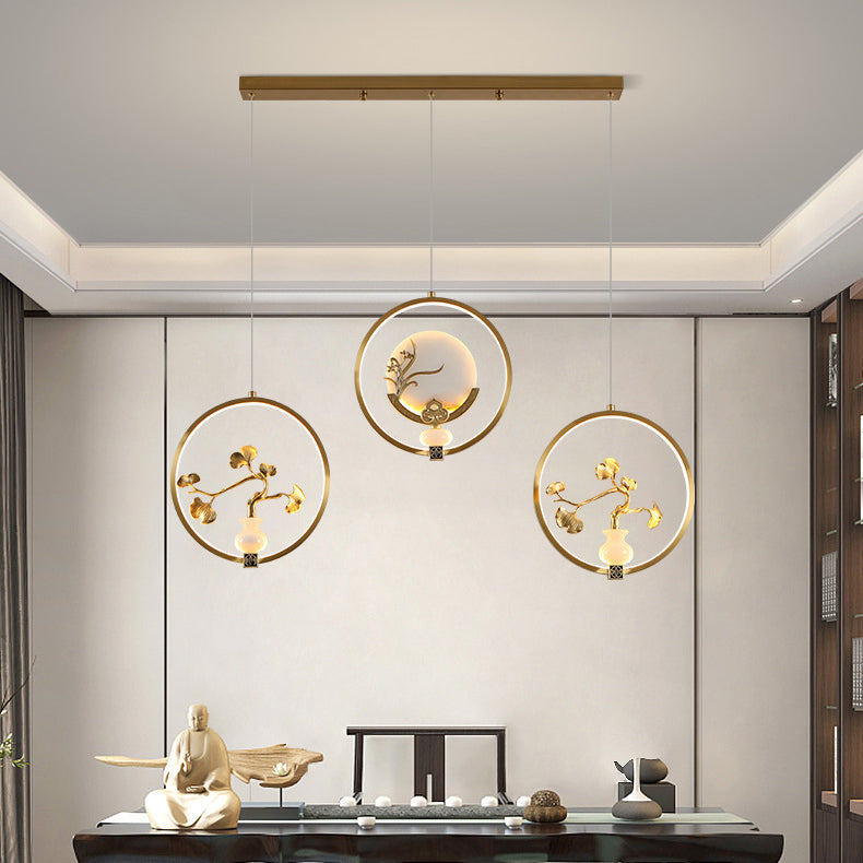 الثريات LED الصينية التقليدية المصنوعة من النحاس والرخام والأكريليك على شكل دائرة على شكل زهرة القرع وأوراق الحيوانات للممر