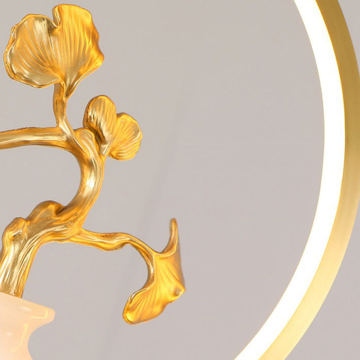 الثريات LED الصينية التقليدية المصنوعة من النحاس والرخام والأكريليك على شكل دائرة على شكل زهرة القرع وأوراق الحيوانات للممر