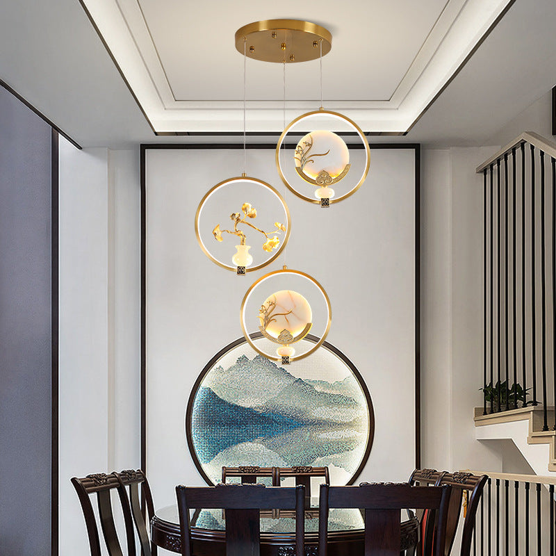 الثريات LED الصينية التقليدية المصنوعة من النحاس والرخام والأكريليك على شكل دائرة على شكل زهرة القرع وأوراق الحيوانات للممر