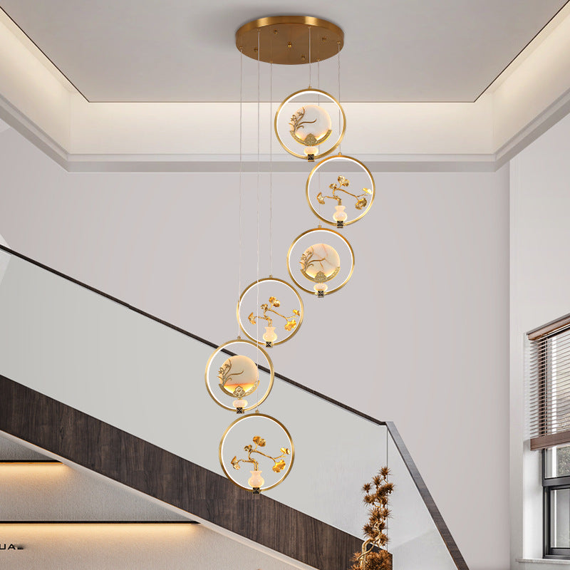 الثريات LED الصينية التقليدية المصنوعة من النحاس والرخام والأكريليك على شكل دائرة على شكل زهرة القرع وأوراق الحيوانات للممر