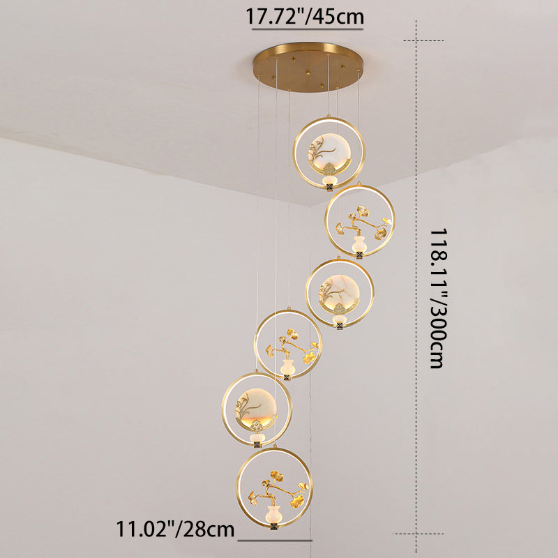 الثريات LED الصينية التقليدية المصنوعة من النحاس والرخام والأكريليك على شكل دائرة على شكل زهرة القرع وأوراق الحيوانات للممر