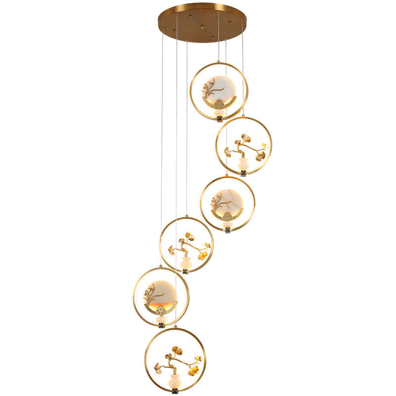 الثريات LED الصينية التقليدية المصنوعة من النحاس والرخام والأكريليك على شكل دائرة على شكل زهرة القرع وأوراق الحيوانات للممر
