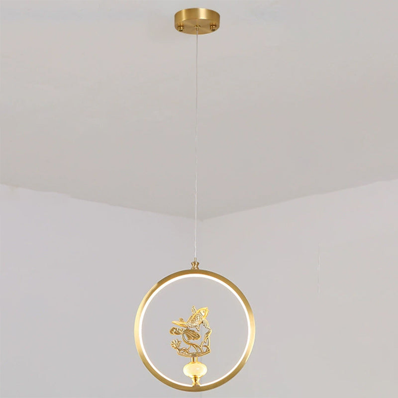 الثريات LED الصينية التقليدية المصنوعة من النحاس والرخام والأكريليك على شكل دائرة على شكل زهرة القرع وأوراق الحيوانات للممر