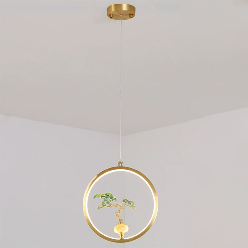 الثريات LED الصينية التقليدية المصنوعة من النحاس والرخام والأكريليك على شكل دائرة على شكل زهرة القرع وأوراق الحيوانات للممر