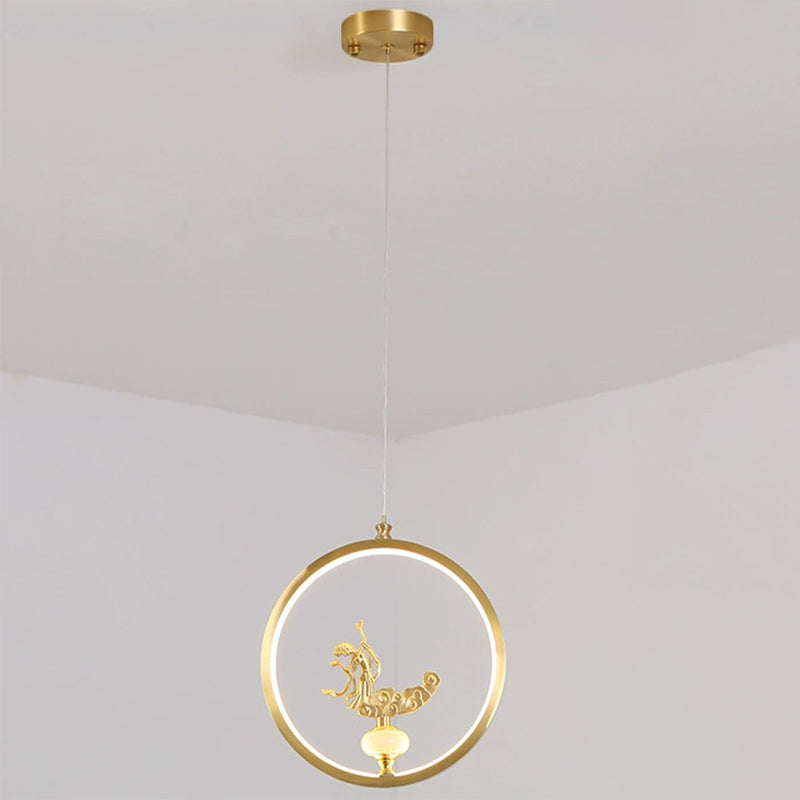 الثريات LED الصينية التقليدية المصنوعة من النحاس والرخام والأكريليك على شكل دائرة على شكل زهرة القرع وأوراق الحيوانات للممر
