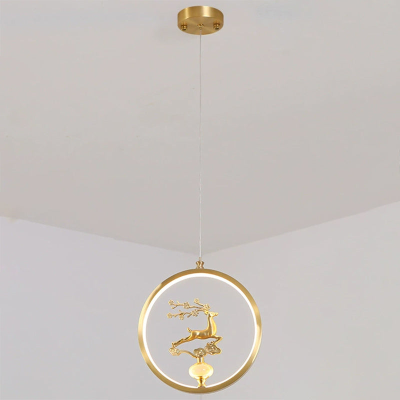 الثريات LED الصينية التقليدية المصنوعة من النحاس والرخام والأكريليك على شكل دائرة على شكل زهرة القرع وأوراق الحيوانات للممر