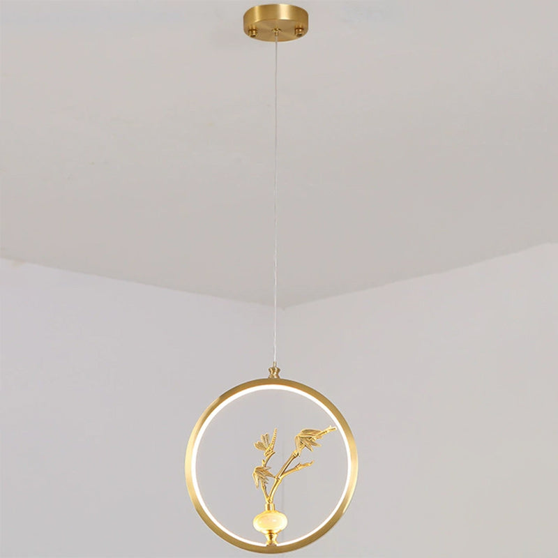 الثريات LED الصينية التقليدية المصنوعة من النحاس والرخام والأكريليك على شكل دائرة على شكل زهرة القرع وأوراق الحيوانات للممر