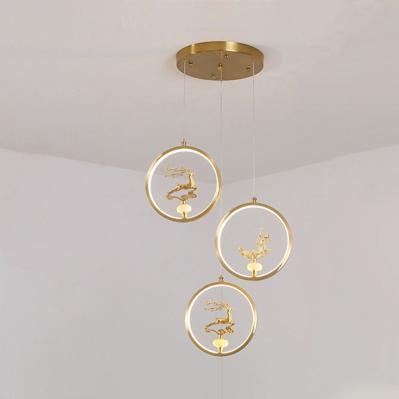 الثريات LED الصينية التقليدية المصنوعة من النحاس والرخام والأكريليك على شكل دائرة على شكل زهرة القرع وأوراق الحيوانات للممر