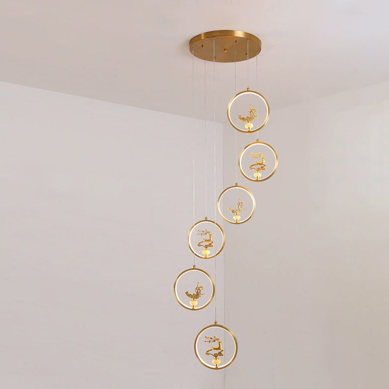 الثريات LED الصينية التقليدية المصنوعة من النحاس والرخام والأكريليك على شكل دائرة على شكل زهرة القرع وأوراق الحيوانات للممر