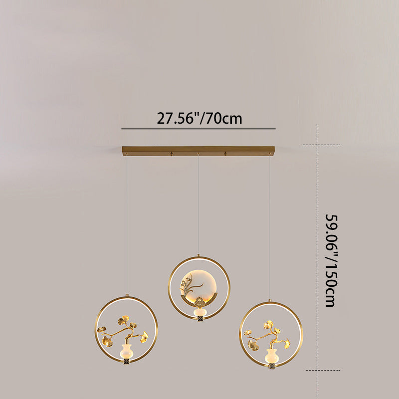 الثريات LED الصينية التقليدية المصنوعة من النحاس والرخام والأكريليك على شكل دائرة على شكل زهرة القرع وأوراق الحيوانات للممر