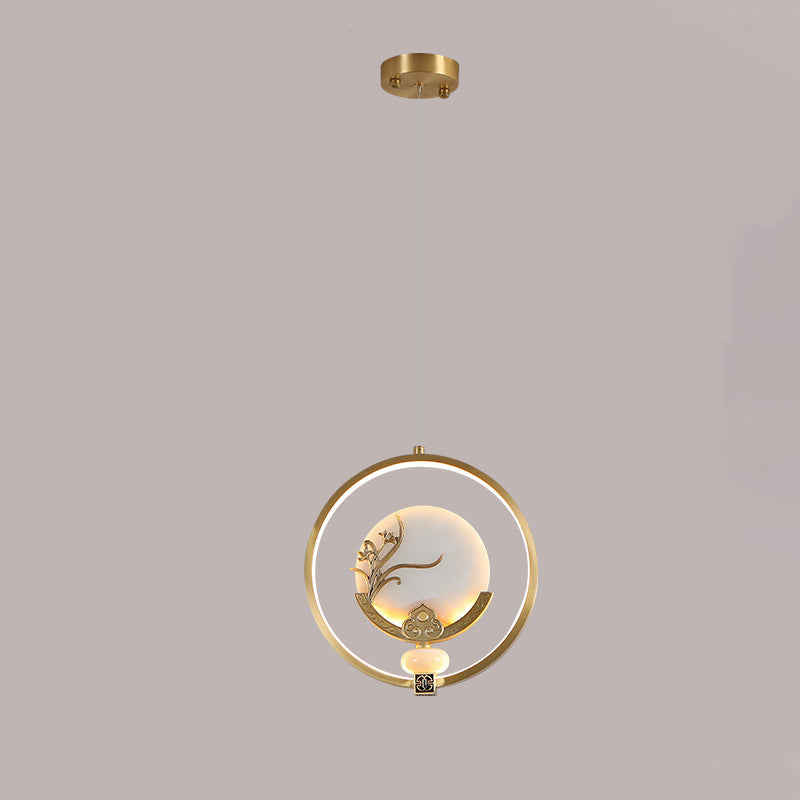 الثريات LED الصينية التقليدية المصنوعة من النحاس والرخام والأكريليك على شكل دائرة على شكل زهرة القرع وأوراق الحيوانات للممر