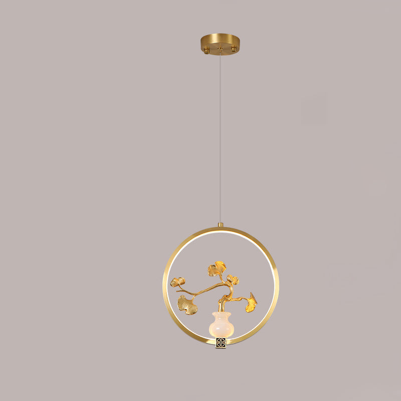 الثريات LED الصينية التقليدية المصنوعة من النحاس والرخام والأكريليك على شكل دائرة على شكل زهرة القرع وأوراق الحيوانات للممر