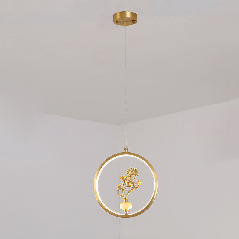 الثريات LED الصينية التقليدية المصنوعة من النحاس والرخام والأكريليك على شكل دائرة على شكل زهرة القرع وأوراق الحيوانات للممر