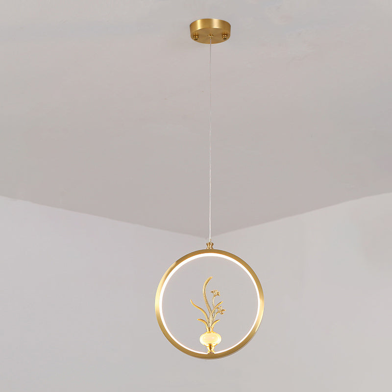 الثريات LED الصينية التقليدية المصنوعة من النحاس والرخام والأكريليك على شكل دائرة على شكل زهرة القرع وأوراق الحيوانات للممر