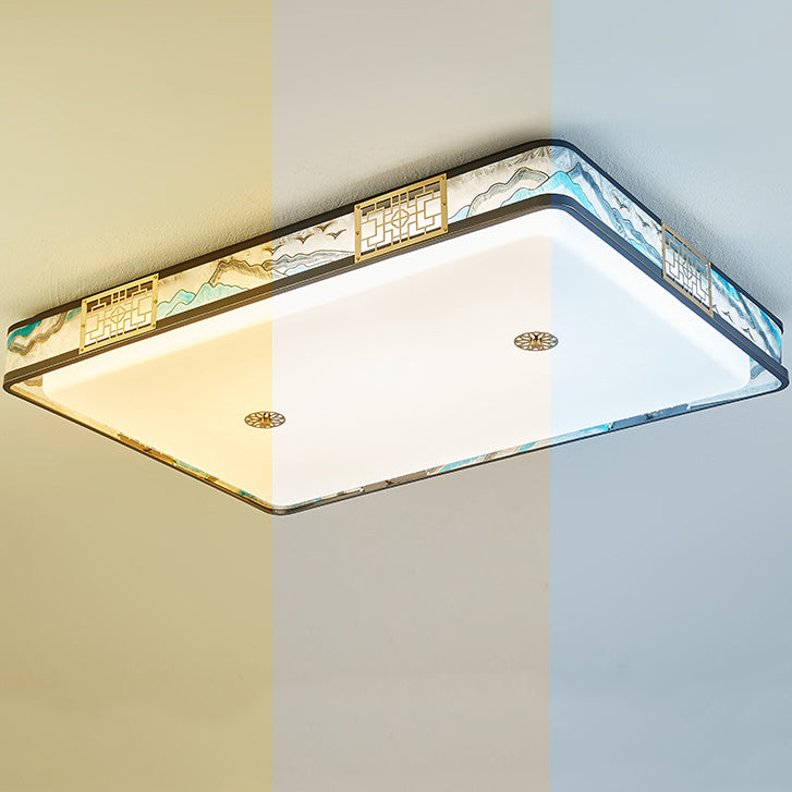 Traditional Chinese Copper Acrylic Enamel Painting Landscape Rectangular Square Round LED Flush Mount Ceiling Light For Bedroom