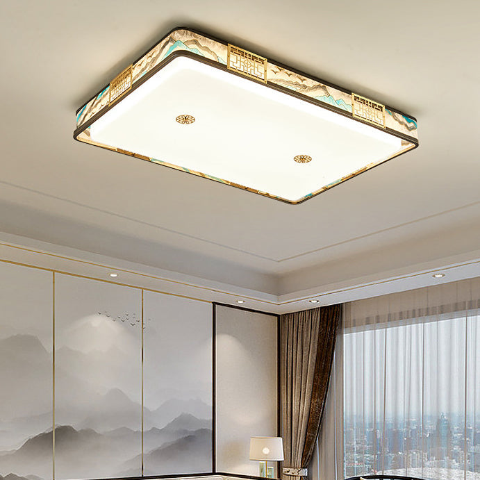 Traditional Chinese Copper Acrylic Enamel Painting Landscape Rectangular Square Round LED Flush Mount Ceiling Light For Bedroom