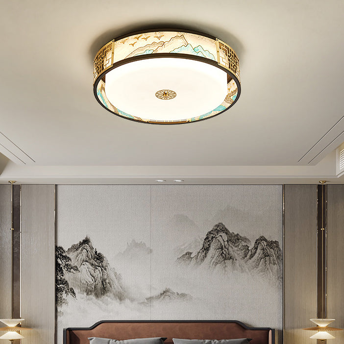 Traditional Chinese Copper Acrylic Enamel Painting Landscape Rectangular Square Round LED Flush Mount Ceiling Light For Bedroom