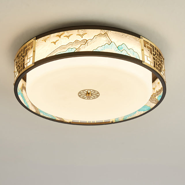 Traditional Chinese Copper Acrylic Enamel Painting Landscape Rectangular Square Round LED Flush Mount Ceiling Light For Bedroom